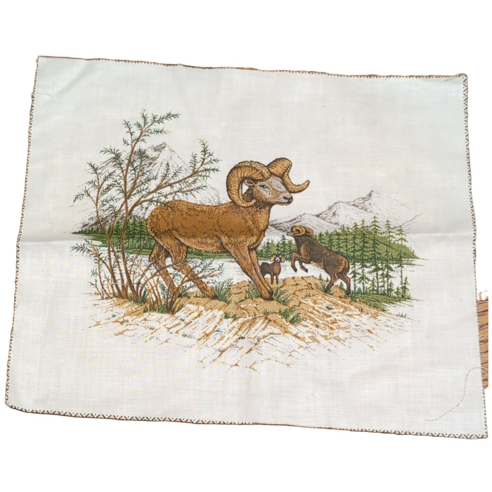 Bighorn Sheep Mountain Landscape Fabric Panel Unfinished Off-white Brown Green